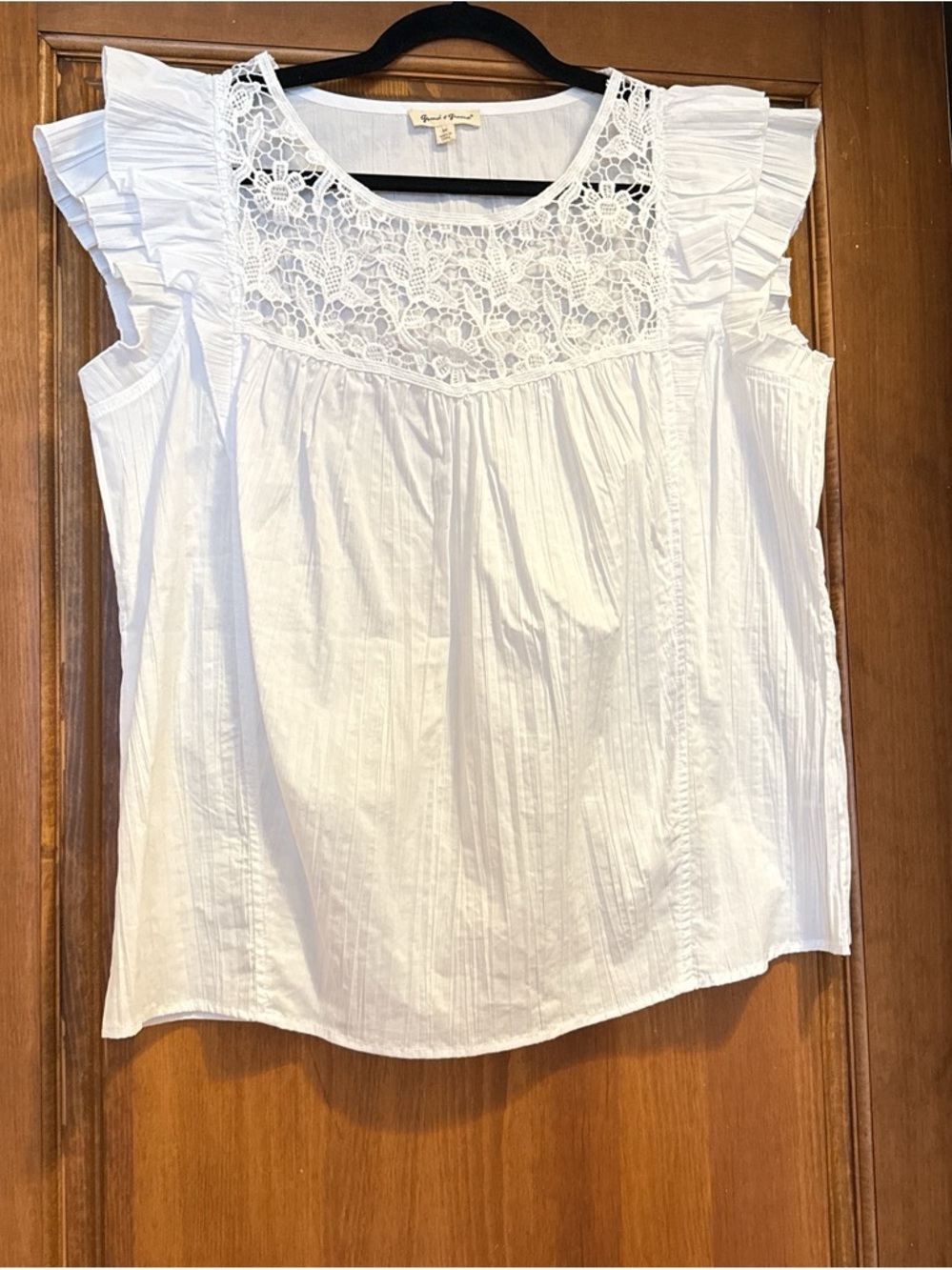 grand & greene White Crochet Yoke Ruffle Sleeve Top